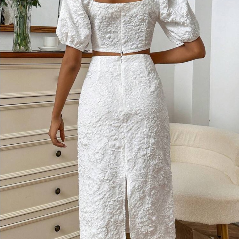 SHEIN Privé Jacquard Square Neck Puff Sleeve Crop Top & Skirt white new set - Picture 4 of 5